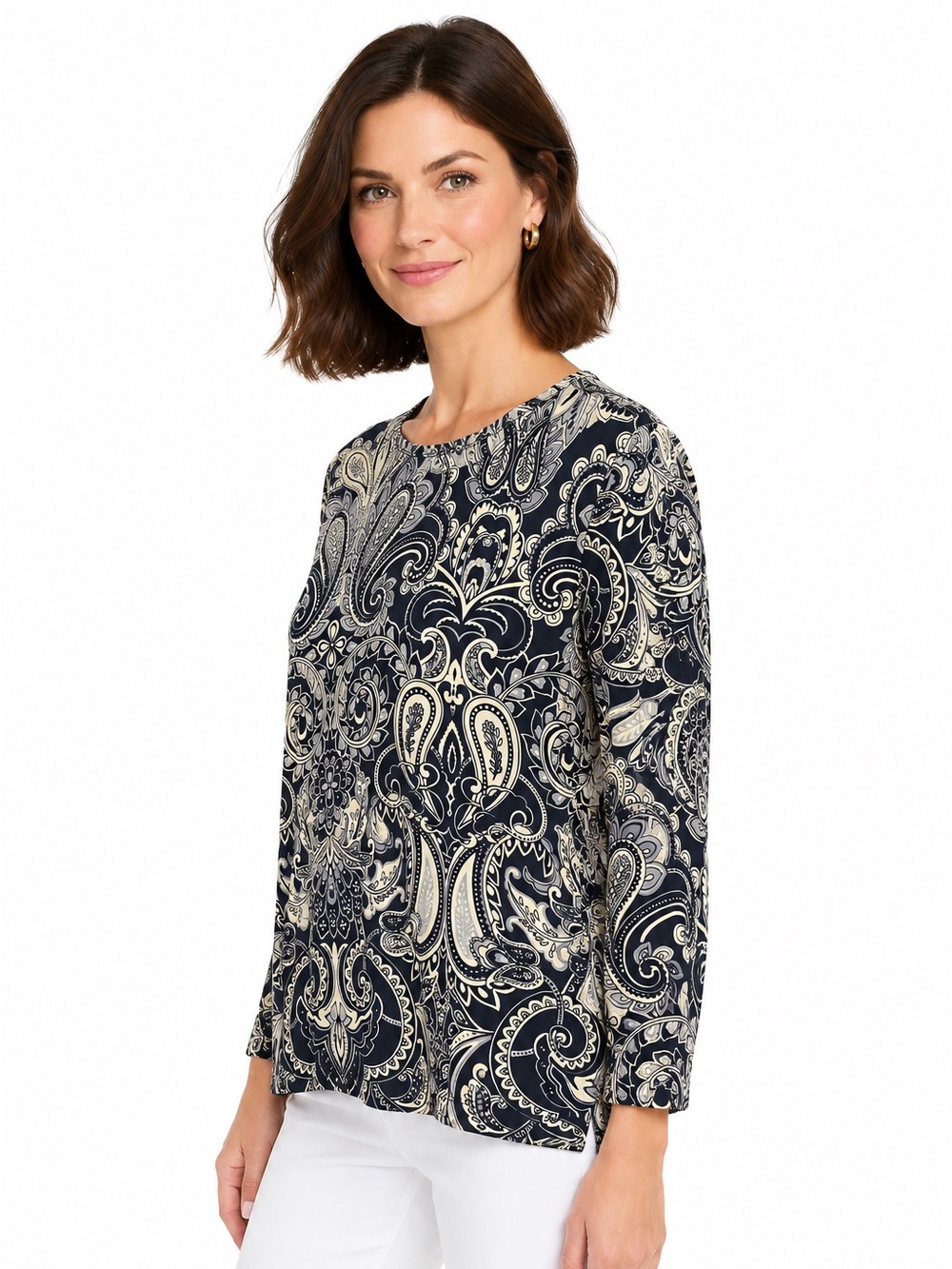 J.McLaughlin black Catalina Cloth paisley print stretch spandex Top size medium